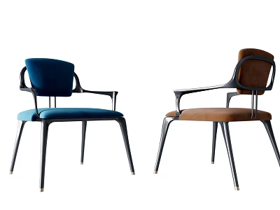 Modern Upholstered Dining Chairs With Blue Brown Colors Armrests And Metal Legs 3d model
