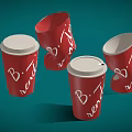 Red cups with white lids and render print some broken on teal background