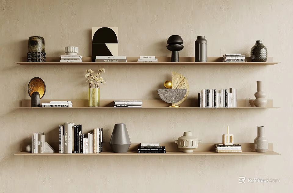 Decorative Ornament Combinations On Wooden Shelves With Beige Wall Vases Sculptures Books And Geometric Accents 3d model 