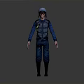 3D Character Model In Blue Uniform With Helmet Standing On Dark Background