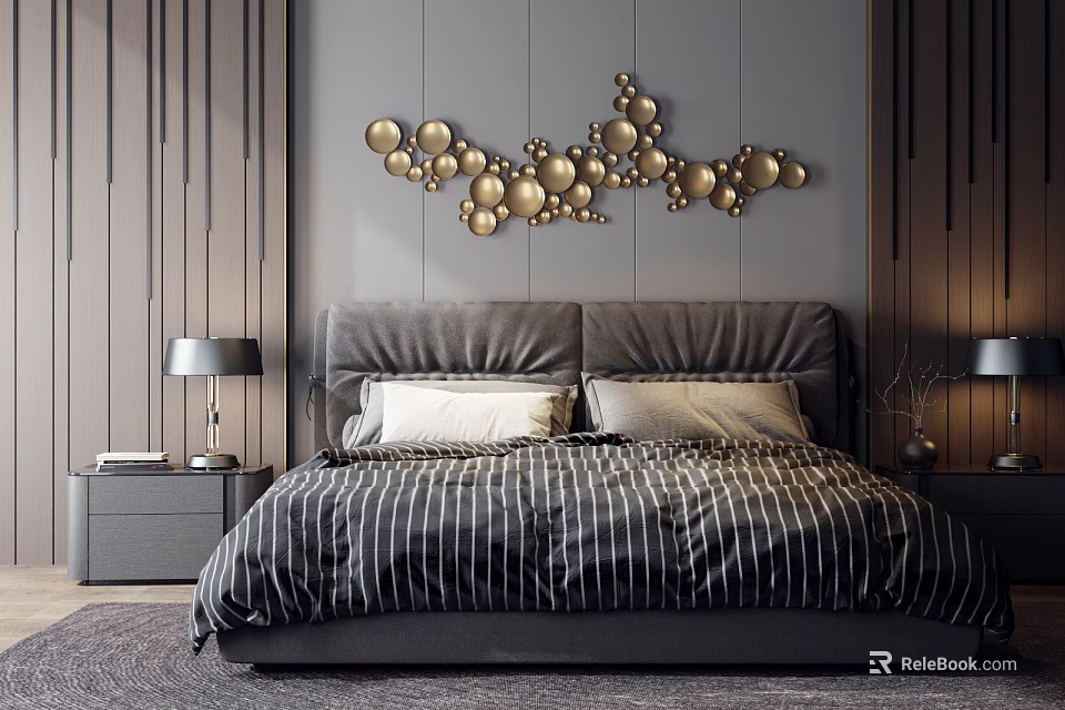Modern Double Bed With Gray Wall Golden Circular Decor Striped Bedding And Bedside Lamps 3d model 