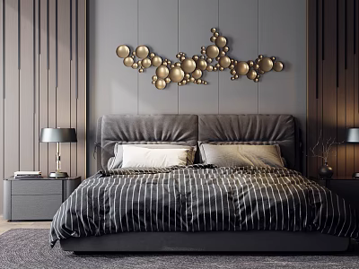 Modern Double Bed With Gray Wall Golden Circular Decor Striped Bedding And Bedside Lamps 3d model