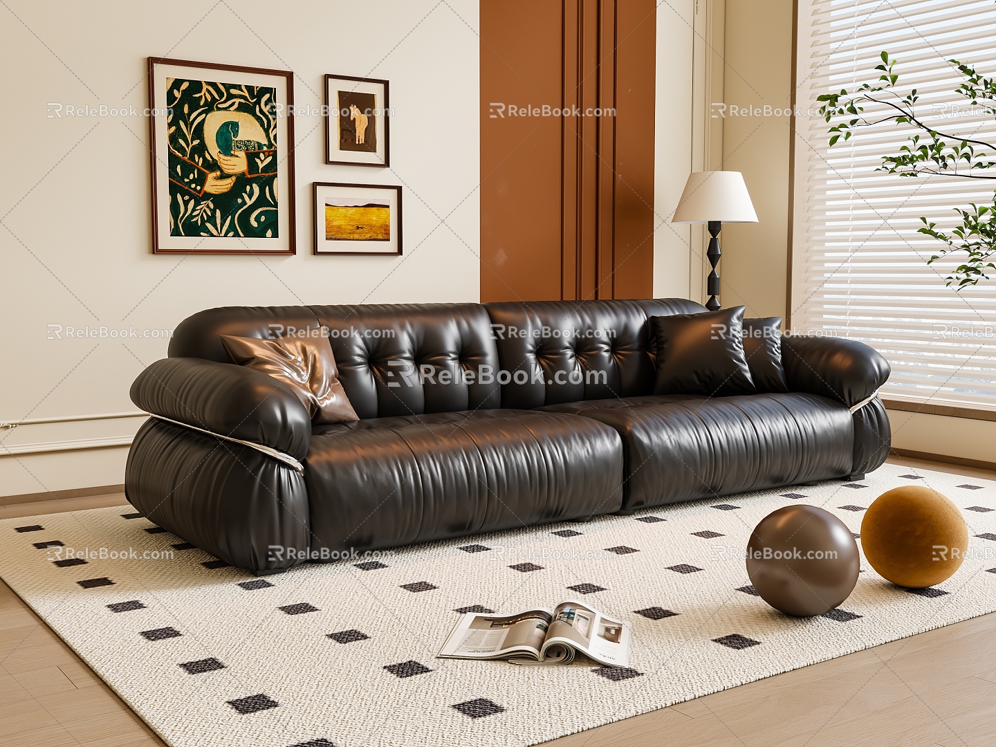 French Style Multi-Person Sofa Leather Sofa Picture Floor Lamp 3d model