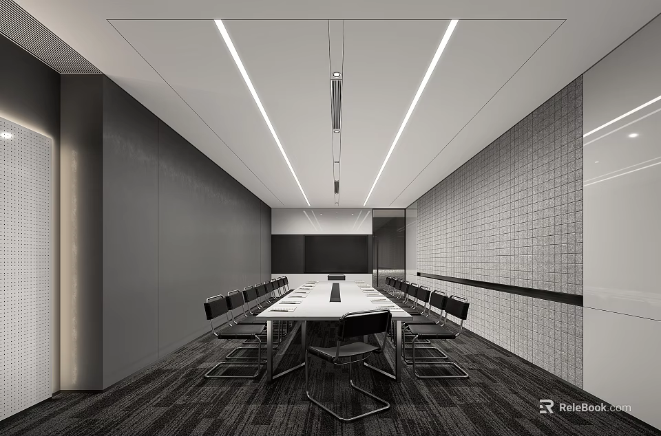 Modern Conference Room Interior Design With Long Meeting Table Black Chairs And Ceiling Lights 3d model 
