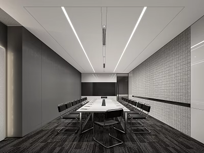 Modern Conference Room Interior Design With Long Meeting Table Black Chairs And Ceiling Lights 3d model