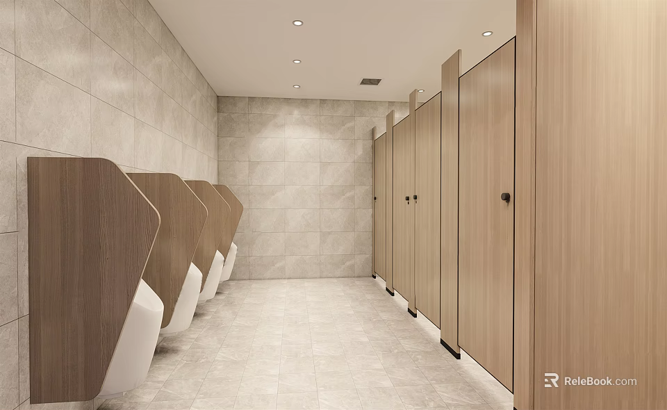 Modern Public Restroom Interior With Wooden Stall Doors Light Tiled Walls And Urinals 3d model 