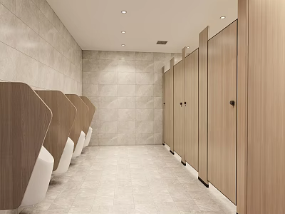 Modern Public Restroom Interior With Wooden Stall Doors Light Tiled Walls And Urinals 3d model