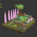 Cozy Cottage Courtyard Featuring Red Roof Cypress Trees Stone Path Green Lawn And Wooden Bench