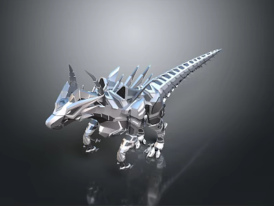 Mechanical Dinosaur Character 3D Model With Silver Metallic Texture Spiked Back And Detailed Mechanical Structure 3d model