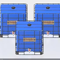 Blue Industrial Drums With Metal Frames Top Lids Side Valves And Labels