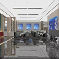 Modern Sales Office Interior With Reception Desk Mountain Landscape Painting Marble Floor And Chandeliers