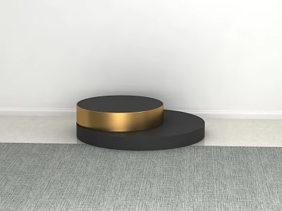 Modern Round Black And Gold Coffee Table On Grey Carpet With White Wall Background 3d model