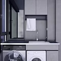 Modern Laundry Area With Black Countertop White Sink Washing Machine And Dryer