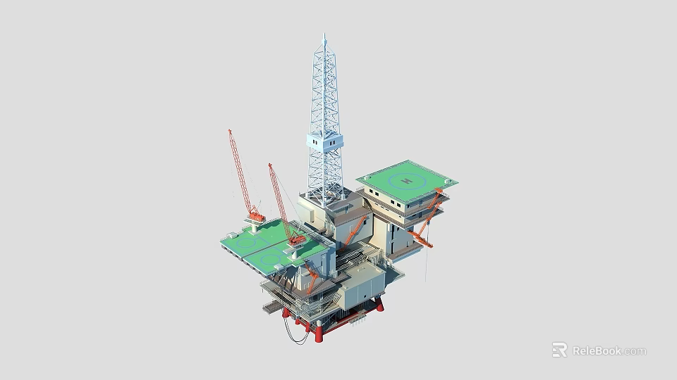 Offshore Industrial Drilling Platform With Derrick Cranes And Working Decks 3d model 