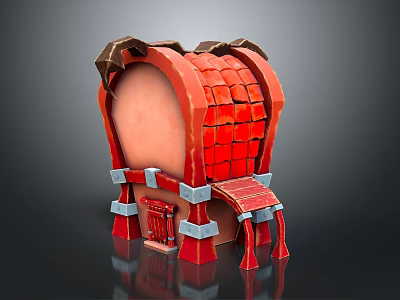 Small Red Brick Building With Arched Design Brown Decorations And Blue Supports 3d model