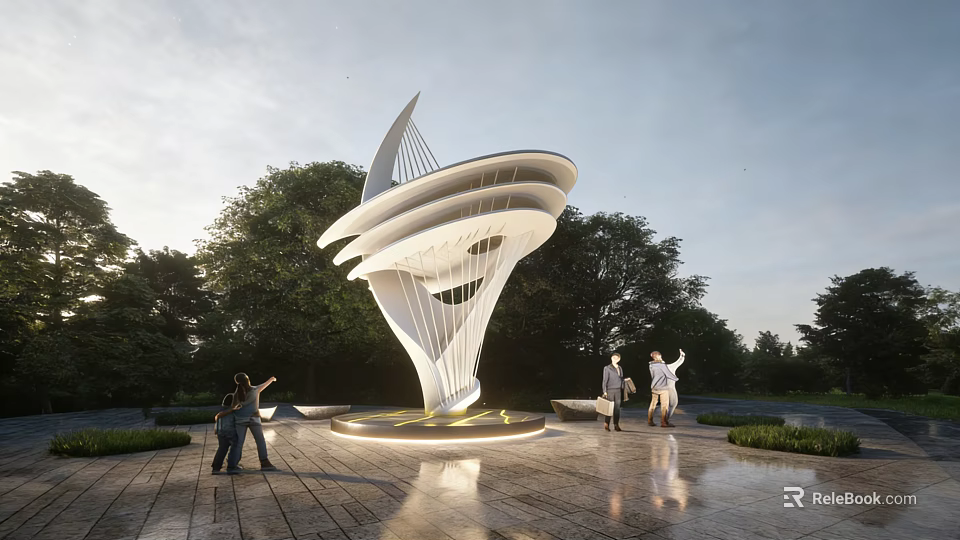 Modern White Spiral Landscape Sculpture In Park With Trees And Visitors 3d model 
