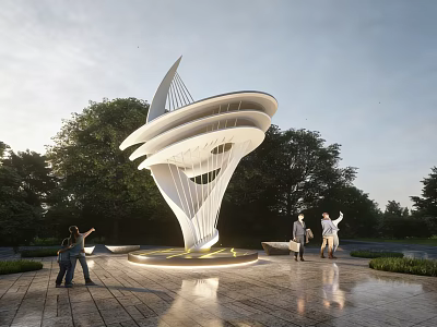 Modern White Spiral Landscape Sculpture In Park With Trees And Visitors 3d model