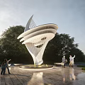 Modern White Spiral Landscape Sculpture In Park With Trees And Visitors