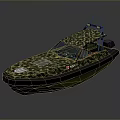 Camouflage Patterned Boat Design With Blue Cockpit Antennas And Green Hull