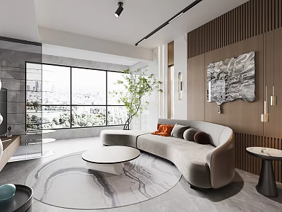 Modern Living Dining Room with Soft Sofa Round Coffee Table Large Windows and Decorative Painting 3d model