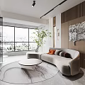 Modern Living Dining Room with Soft Sofa Round Coffee Table Large Windows and Decorative Painting
