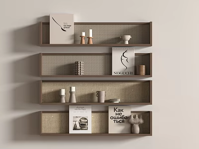 Modern Wooden Layered Shelves With Decorative Books Vases Candles And Sculptures 3d model