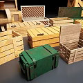 Industrial Equipment Storage With Multiple Wooden Crates In Various Sizes And Different Colors Stacked