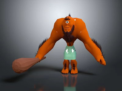 Orange Muscular Creature With Beard Black Fur Holding Wooden Mallet And Green Shorts 3d model