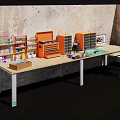 Functional Home Office Desk With Orange Drawer Cabinets Computer Monitor And Stone Worktop
