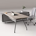 Modern Office Desk And Gray Chair Set With Laptop Side Cabinet Vase Green Plants