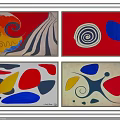 Tech Exhibition Hall Featuring Modern Art Paintings With Colorful Geometric And Spiral Patterns