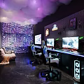 Stylish Cyber Cafe Interior Featuring Textured Wall Purple White Smoke Gaming Chairs And Computer Monitors