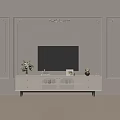 Modern White TV Stand With Drawers Cabinets And Top Ornaments Against Decorative Wall Molding