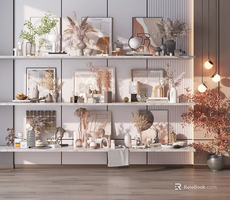 Stylish Decorative Ornaments Set on White Shelves with Dried Flowers Photo Frames and Green Plants 3d model 
