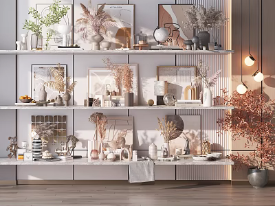 Stylish Decorative Ornaments Set on White Shelves with Dried Flowers Photo Frames and Green Plants 3d model