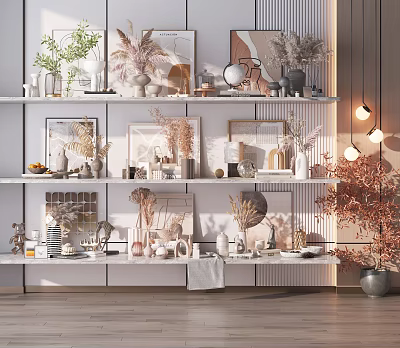 Stylish Decorative Ornaments Set on White Shelves with Dried Flowers Photo Frames and Green Plants 3d model