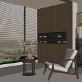 Home Balcony Interior with Wooden Wall Blinds Armchair Side Table Vase and Floor Lamp