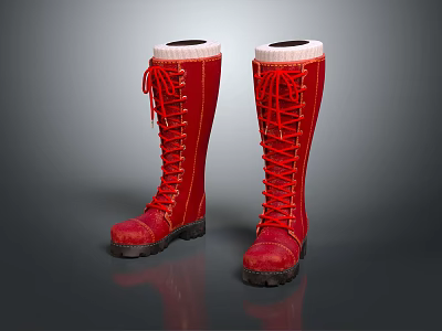 Stylish Red Long Boots With White Cuffs Lace Up Design And Black Soles 3d model