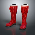Stylish Red Long Boots With White Cuffs Lace Up Design And Black Soles
