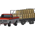 Red and Gray Vintage Truck Hauling Hay Bales on Trailer