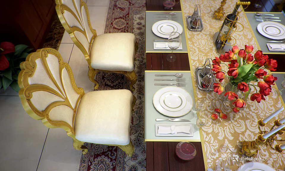 Luxurious Dining Table Set With Gold Accented Cream Seats Dark Wood Top And Red Tulips 3d model 
