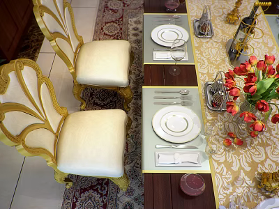 Luxurious Dining Table Set With Gold Accented Cream Seats Dark Wood Top And Red Tulips 3d model