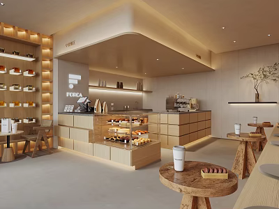 Modern Café Interior With Wooden Counter Dessert Display Coffee Cups And Round Tables 3d model