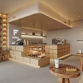 Modern Café Interior With Wooden Counter Dessert Display Coffee Cups And Round Tables