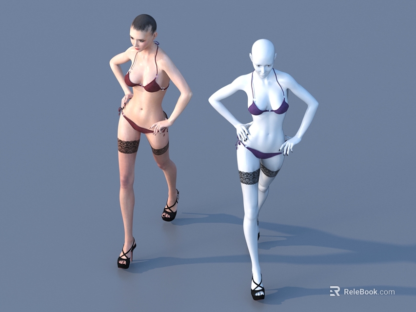 Women Wearing Red And Purple Bikini With Black High Heels And Stockings Standing 3d model 