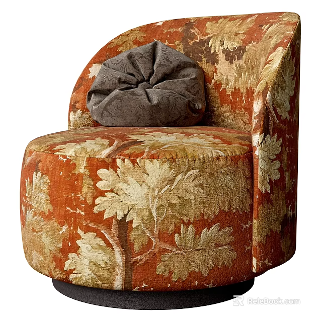 Leisure Chair with Leaf Patterned Orange Beige Fabric and Gray Cushion 3d model 