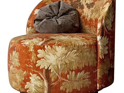 Leisure Chair with Leaf Patterned Orange Beige Fabric and Gray Cushion 3d model