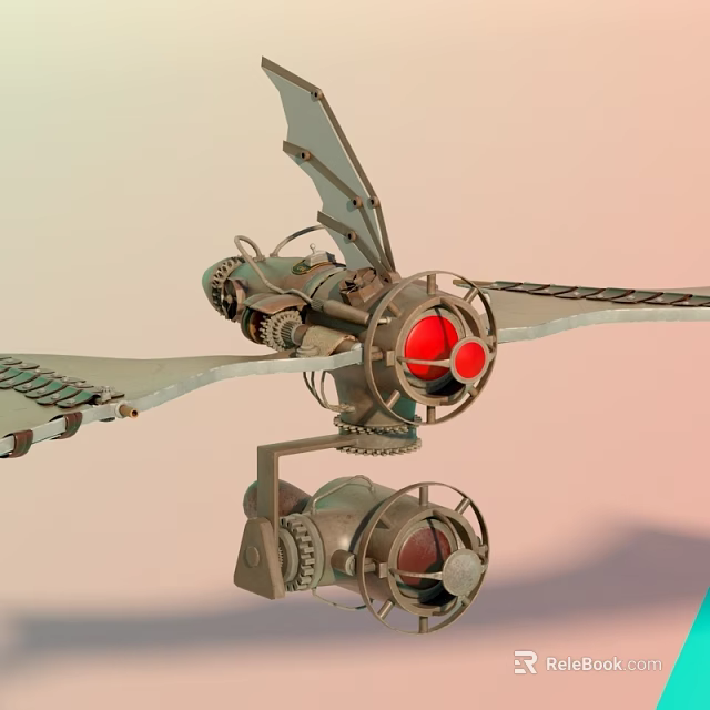 Steampunk Mechanical Flying Machine with Metallic Wings Red Circular Core Gears And Propellers 3d model