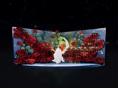 Stunning Decorative Scene With Red Roses White Figure And Starry Lights On Dark Background 3d model