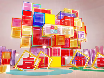 Colorful Cubes Art Installation With Festive Decor For Spring Festival Celebration 3d model